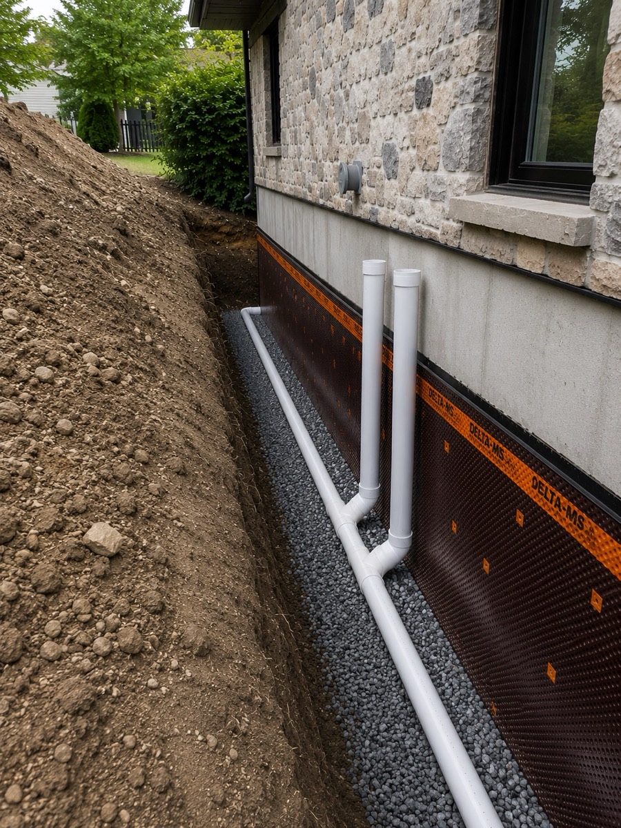 Drain français neuf, cheminées d'accès et pierre nette au pied d'une fondation en pierre