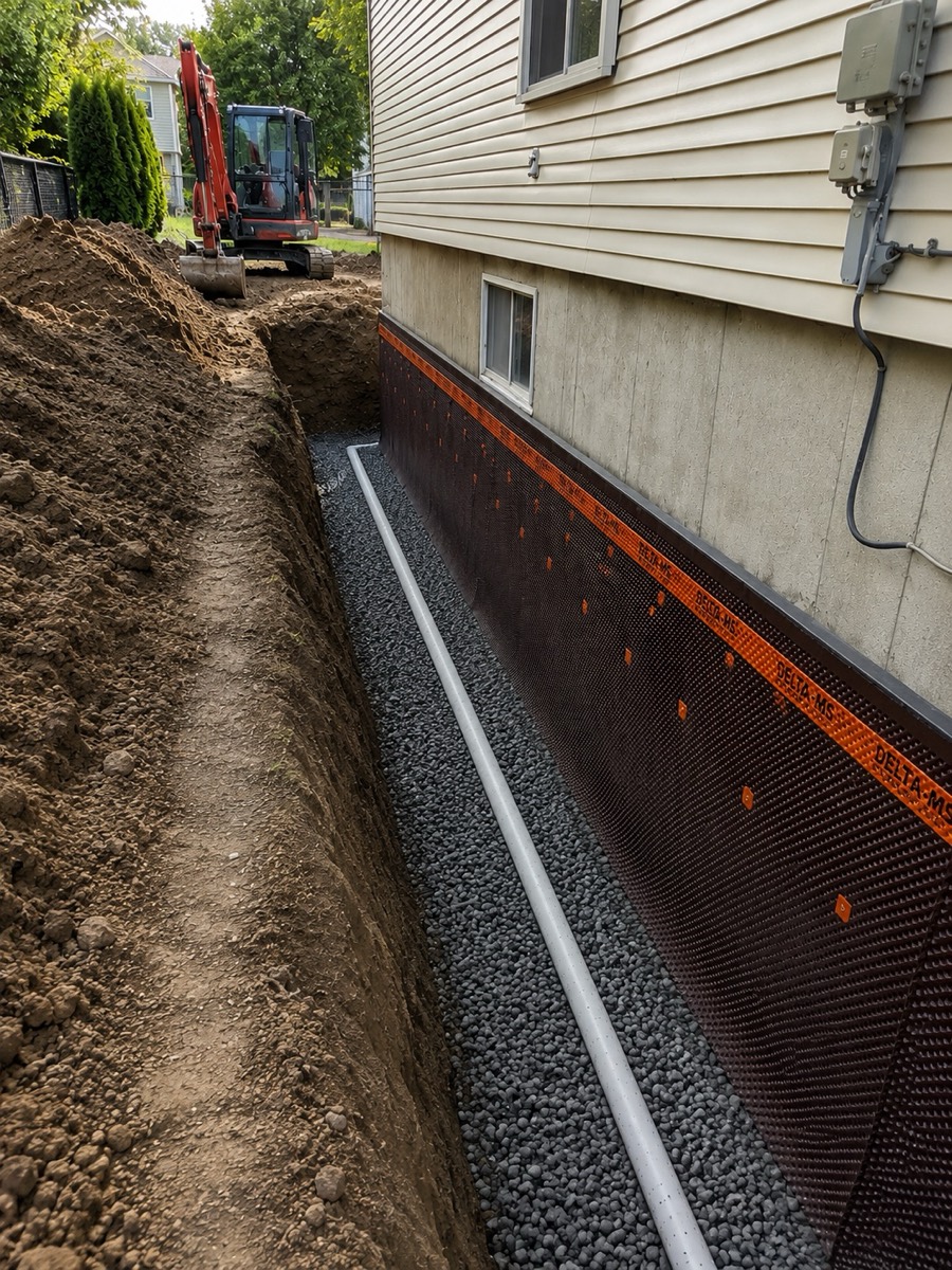 Excavatrice et tranchée le long d'une fondation pour l'installation d'un drain français