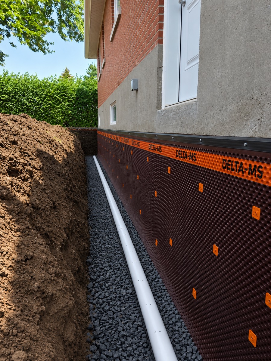 Membrane d'étanchéité Delta-MS fixée avec solin d'aluminium sur une fondation, drain français sur pierre nette au fond de la tranchée