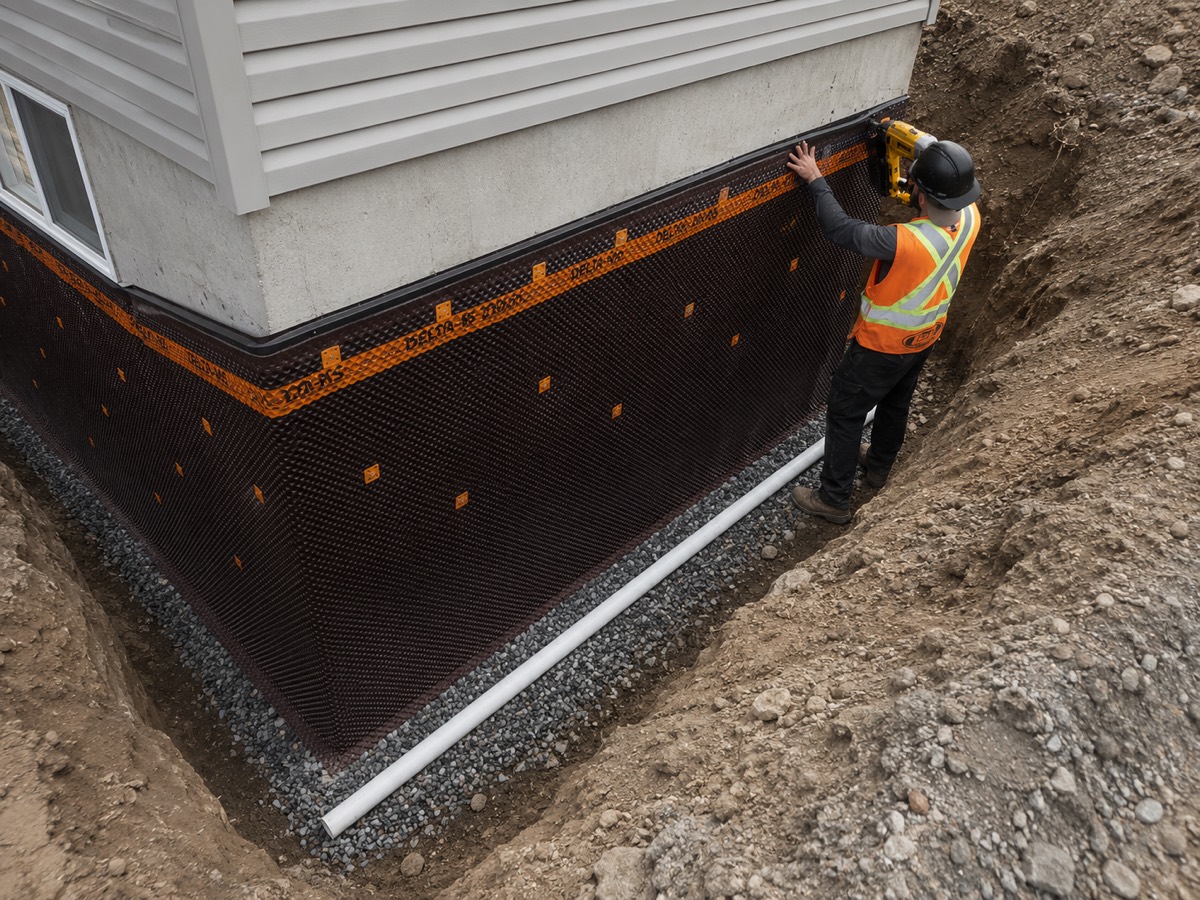 Poseur avec casque et veste de sécurité qui fixe une membrane d'étanchéité Delta-MS sur une fondation, dans la tranchée